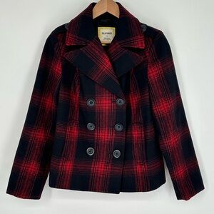 Old Navy Women’s Sz M Wool Blend Red Plaid Double Breasted Jacket Pea Coat V1